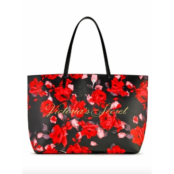Victoria's Secret Rose Tote Handbag Black Red Weekender Floral - Picture 1 of 4